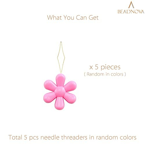Pink flower-shaped needle threader with text 'x 5 pieces (Random in colors)' and 'Total 5 pcs needle threaders in random colors'.