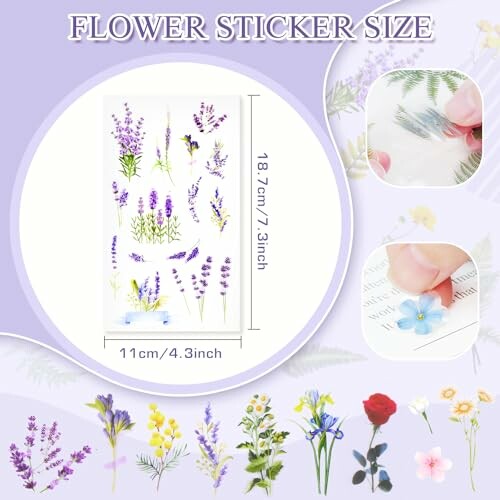 Flower sticker size chart with various floral designs.