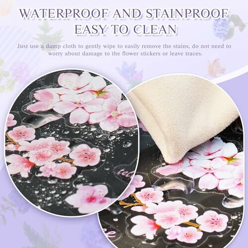 Waterproof flower sticker with water droplets, easy to clean with cloth.