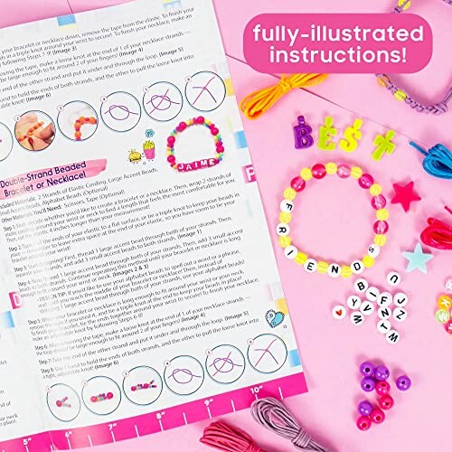 Colorful bracelet making kit with instructions and beads.