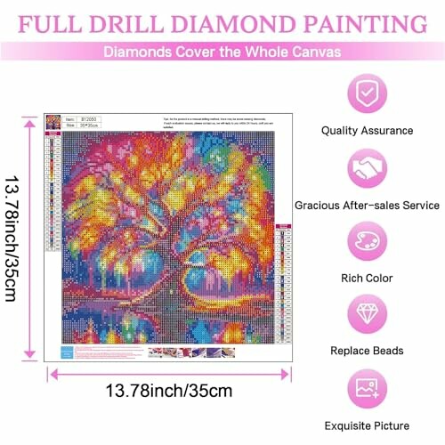 Colorful full drill diamond painting kit with tree design and features listed.