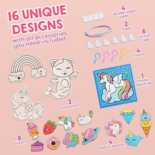 Craft kit with unicorns, cats, rainbows, suncatchers, stickers, and accessories.