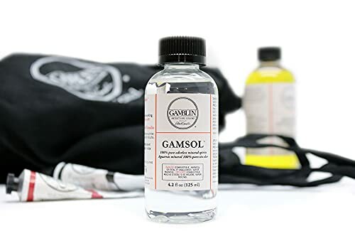 Gamsol odorless mineral spirits bottle with art supplies.