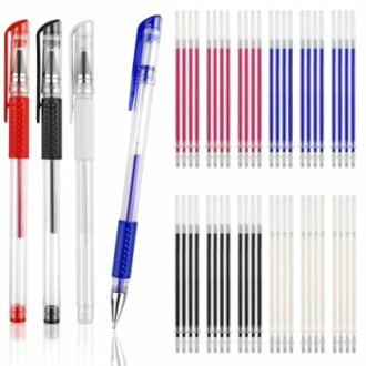 Assorted gel ink pens and refills in red, black, and blue colors.
