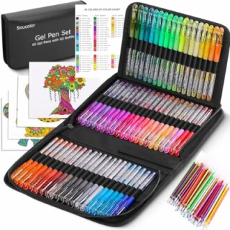 Colorful gel pen set with 60 pens and refills, coloring pages, and color chart.