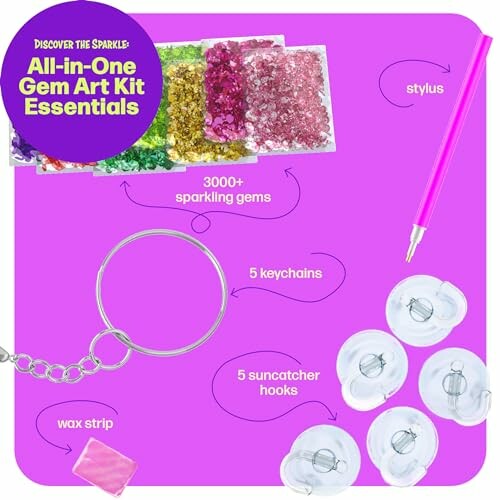 Contents of an all-in-one gem art kit including 3000+ sparkling gems, 5 keychains, 5 suncatcher hooks, a stylus, and a wax strip.