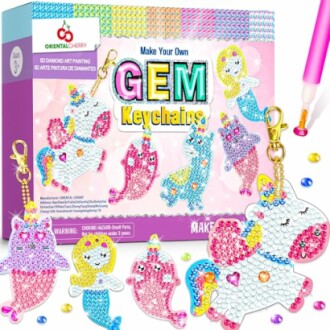 Gem keychain craft kit with colorful animal designs.