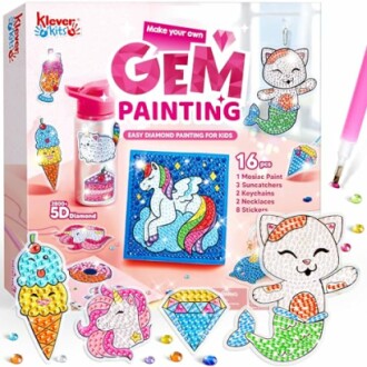 Gem painting kit for kids with unicorn and animal designs.
