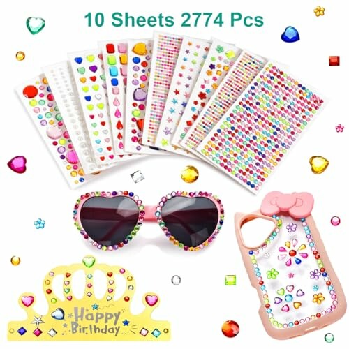 Colorful gem sticker set with heart-shaped sunglasses and decorated phone case.