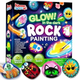 Glow in the dark rock painting kit with colorful designs and tools.