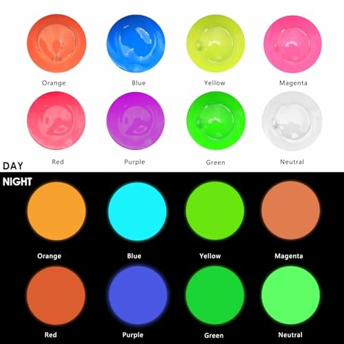 Day and night view of glow-in-the-dark paints in various colors.