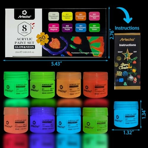 Artecho 8-color glow and neon acrylic paint set with instructions.