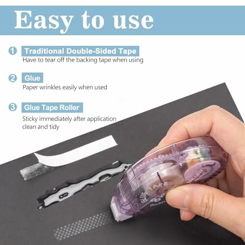 Comparison of double-sided tape, glue, and glue tape roller.