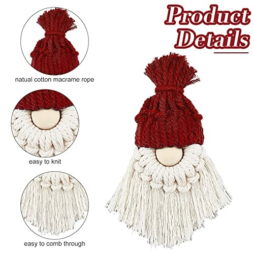 Macrame gnome craft kit with red hat and detailed product features.