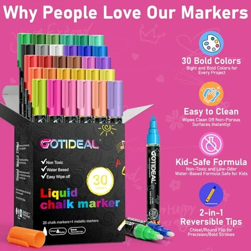Gotideal liquid chalk markers with 30 bold colors.