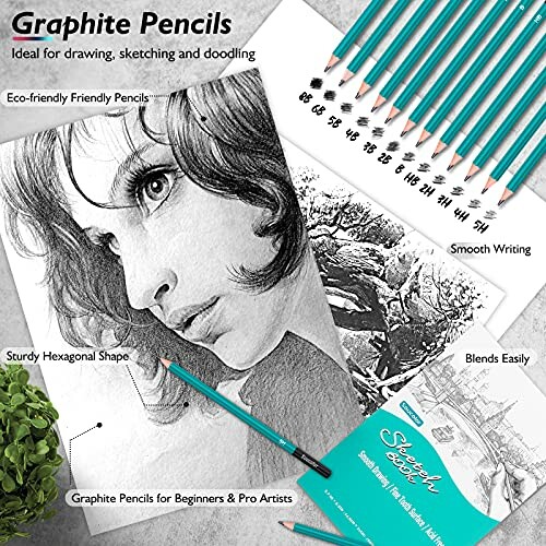 Graphite pencils and sketches showcasing drawing and shading capabilities.