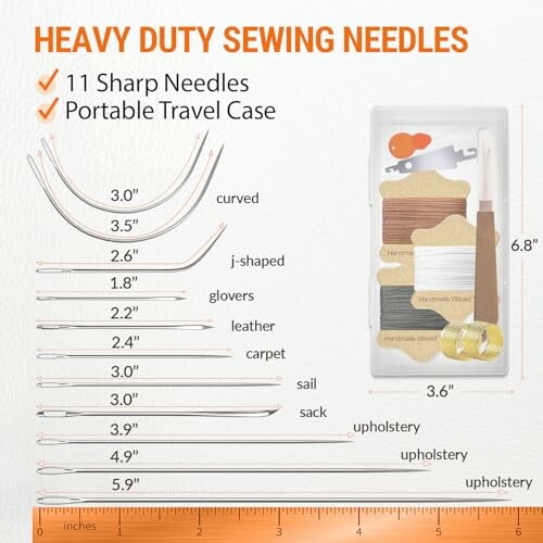 Set of heavy duty sewing needles with measuring guide and travel case.