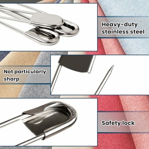 Close-up of stainless steel safety pins with labels for heavy-duty, not sharp, and safety lock features.