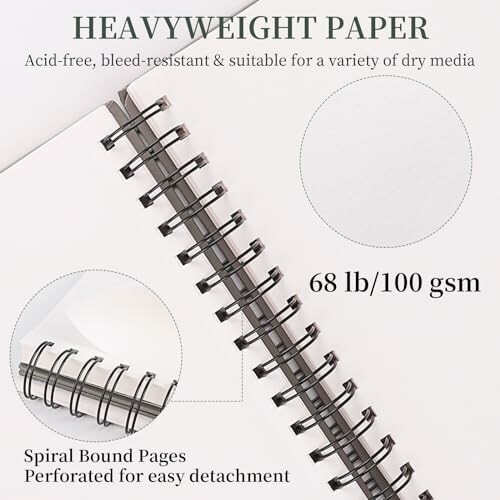 Heavyweight paper with spiral binding, 68 lb/100 gsm, suitable for dry media.