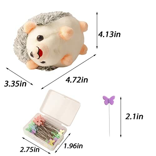 Hedgehog pin cushion with colorful pins and butterfly pin.