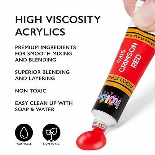 Tube of crimson red high viscosity acrylic paint with features listed.