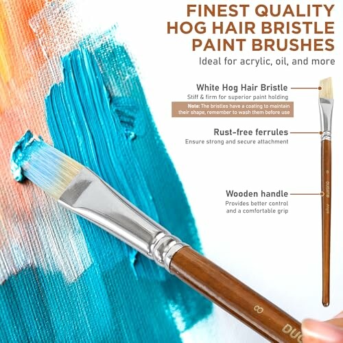 Hog hair bristle paint brush with blue and white paint strokes.