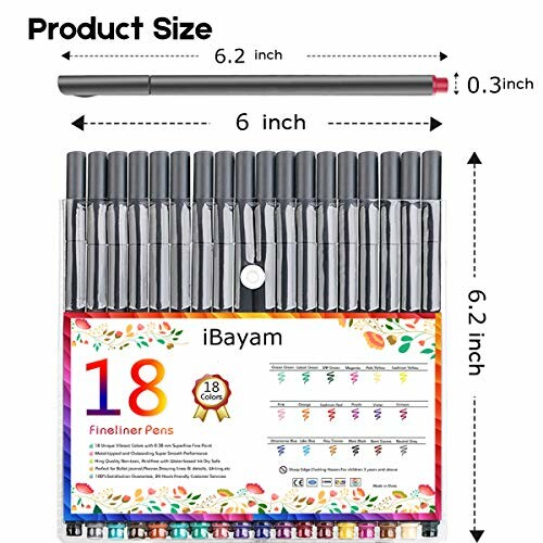 iBayam 18-color fineliner pens set with size dimensions.