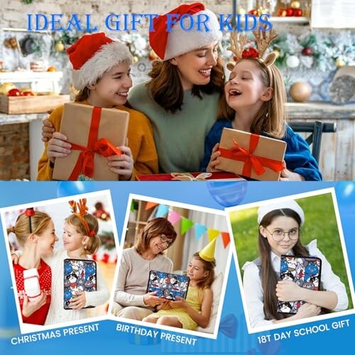 Smiling family with gifts and children celebrating with presents.