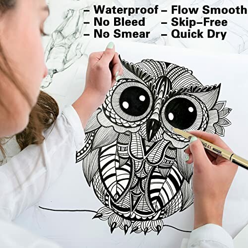 Person drawing an intricate owl design with pens, highlighting waterproof and quick dry features.