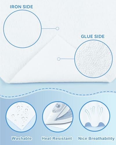 Ironing board cover showing iron side and glue side, with features: washable, heat-resistant, nice breathability.