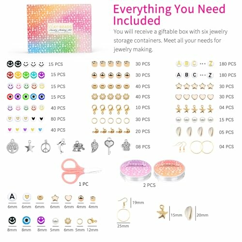 Jewelry making kit with beads, charms, and tools.