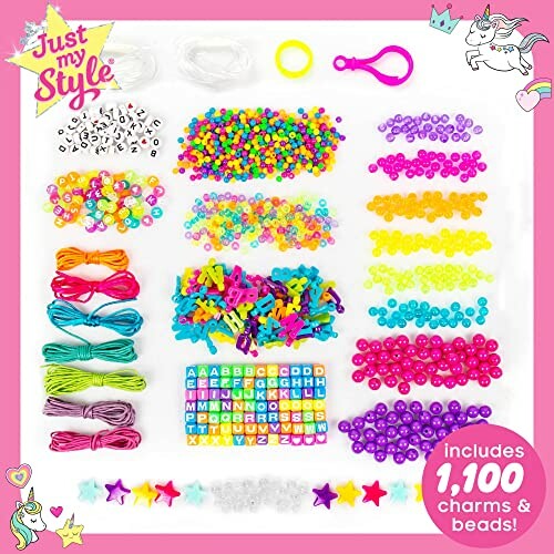 Colorful bead kit with charms and accessories for crafting.