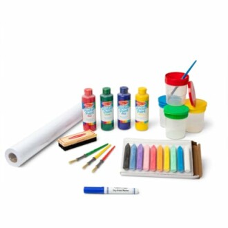 Kids art supplies set with paints, brushes, markers, and paper.