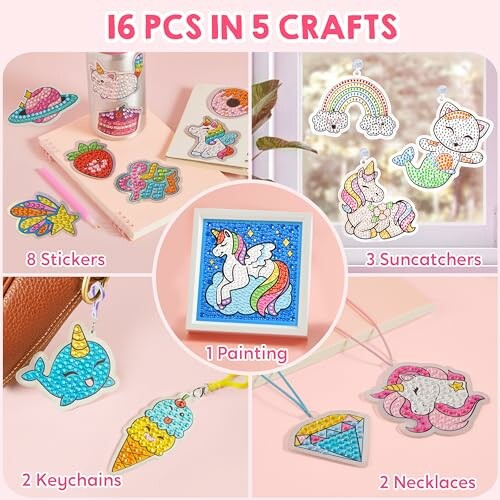 Craft kit with stickers, suncatchers, painting, keychains, and necklaces.