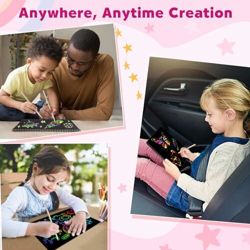 Children using digital drawing tablets in various settings.