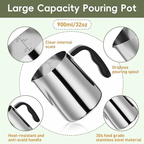 Stainless steel pouring pot with features highlighted, including capacity, handle, spout, and material.