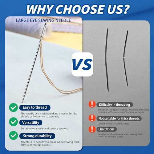 Comparison between large eye sewing needle and regular needle highlighting ease of threading and durability.