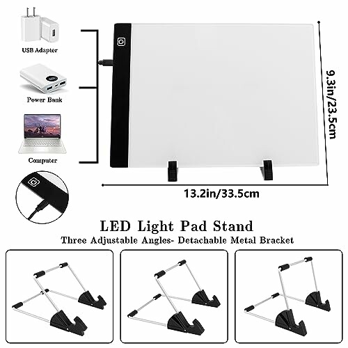 LED light pad stand with adjustable angles and detachable metal bracket.
