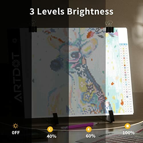 Light pad with 3 levels of brightness showing a colorful pixel art project.