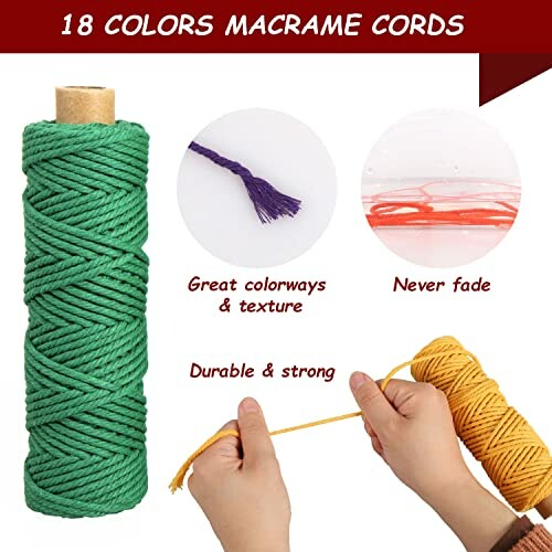 Colorful macrame cords with durability and colorfast features.