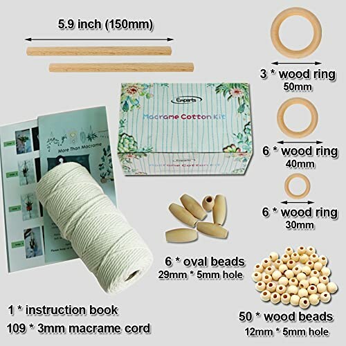 Contents of a macrame cotton kit including wood rings, beads, cord, and instruction book.