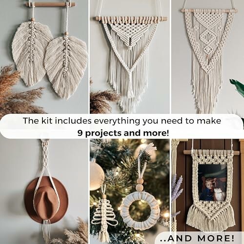 Macrame projects including wall hangings, hat holder, and ornaments.