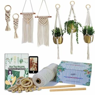 Macrame kit with wall hangings, plant holders, cotton cord, beads, and instruction book.
