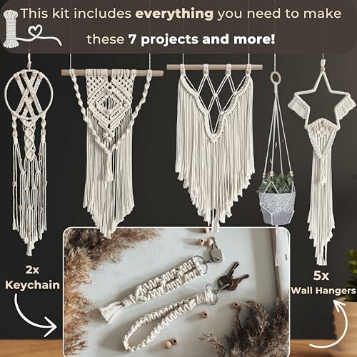 Macrame kit with various wall hangers and keychains projects.