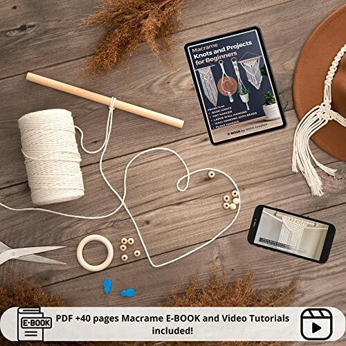Macrame DIY kit with ebook and video tutorials, including supplies and tools.