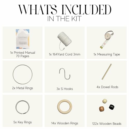 Macrame kit contents including manual, cord, measuring tape, metal rings, S hooks, dowel rods, key rings, wooden rings, and beads.