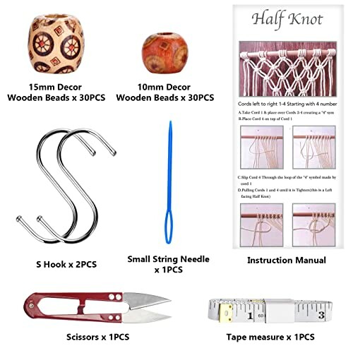 Macrame kit contents including beads, S hooks, needle, instructions, scissors, and tape measure.