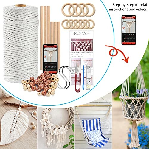Macrame kit with cords, rings, beads, tools, and instructional guide.