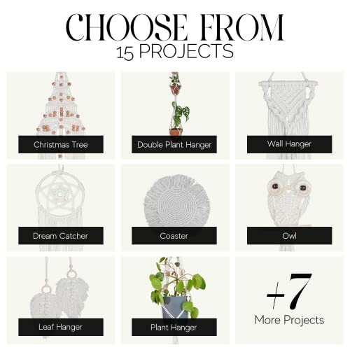 Macrame projects including Christmas tree, plant hangers, wall hangers, dream catcher, coaster, owl, leaf hanger, and more.