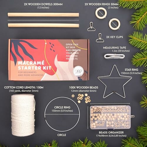 Contents of a macrame starter kit including dowels, rings, clips, measuring tape, cord, wooden beads, and organizer.